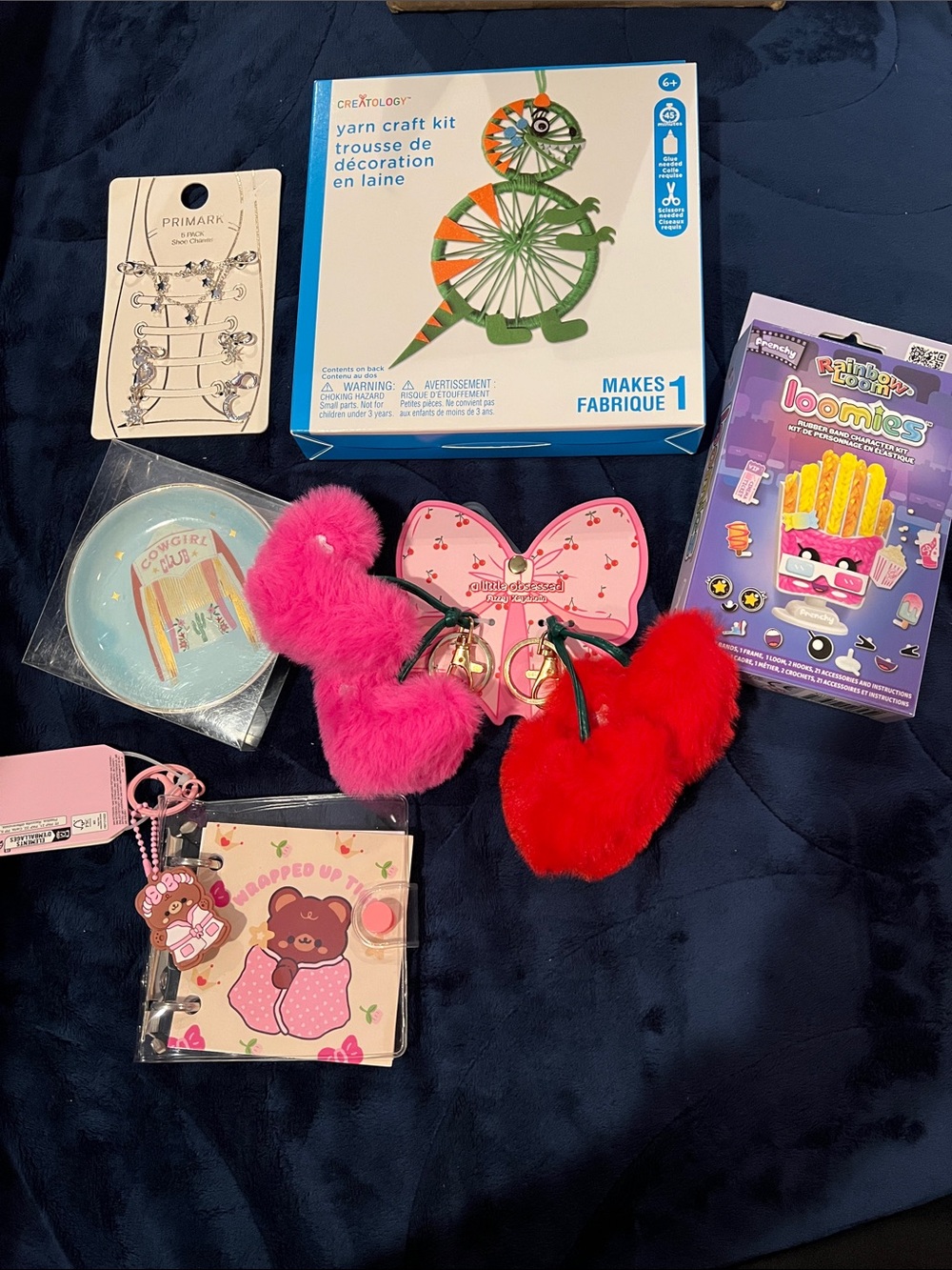 Bundle! Yarn Craft Kit- Hearts keychain- Rainbow Loomies-Cowgirl Trinket, charms